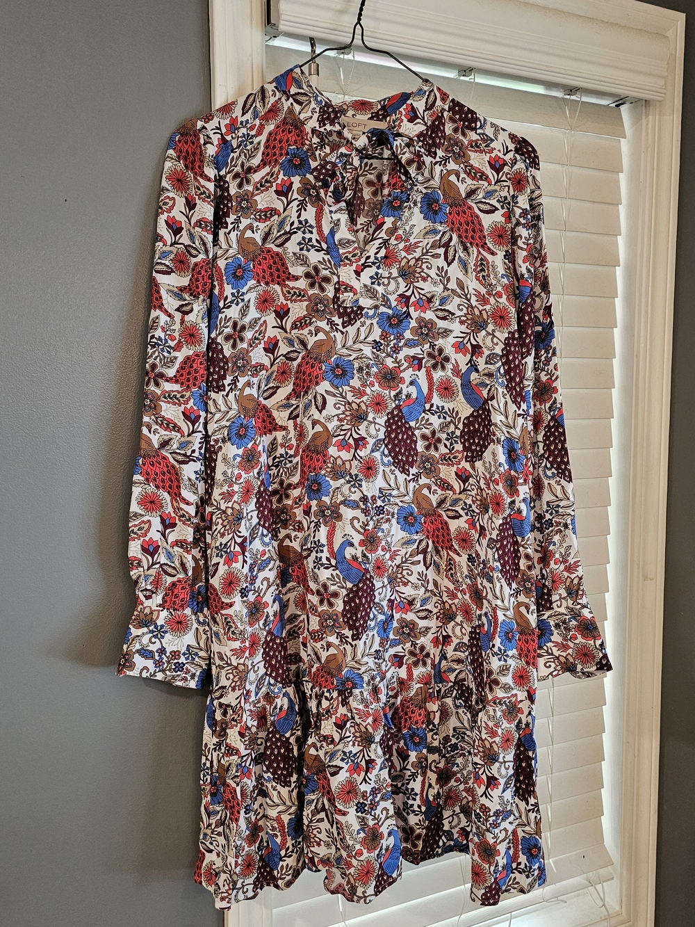Floral Peplum Long-Sleeve Dress in White with Red & Blue Print